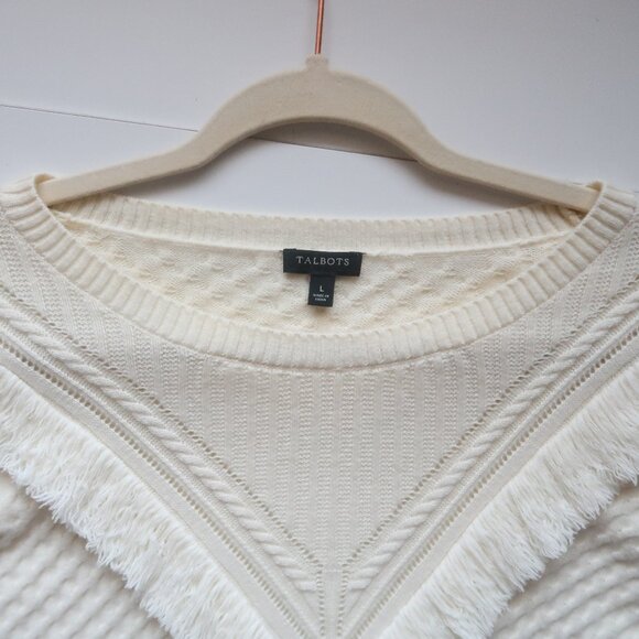 Talbots Cream Fringe Trim Textured Knit Sweater Wool Blend Pullover Size L Large - Picture 4 of 7
